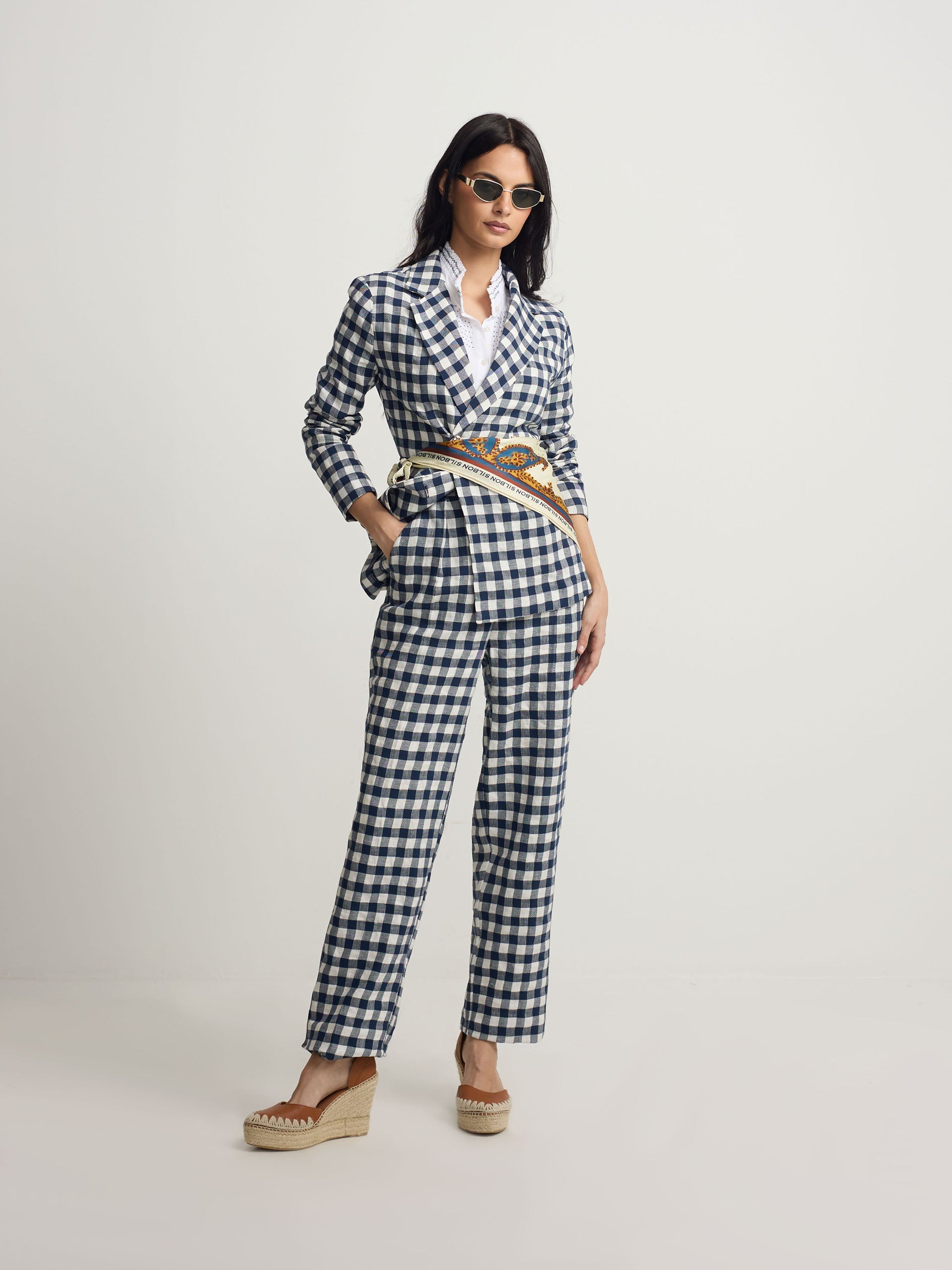 Navy vichy belt loop trousers