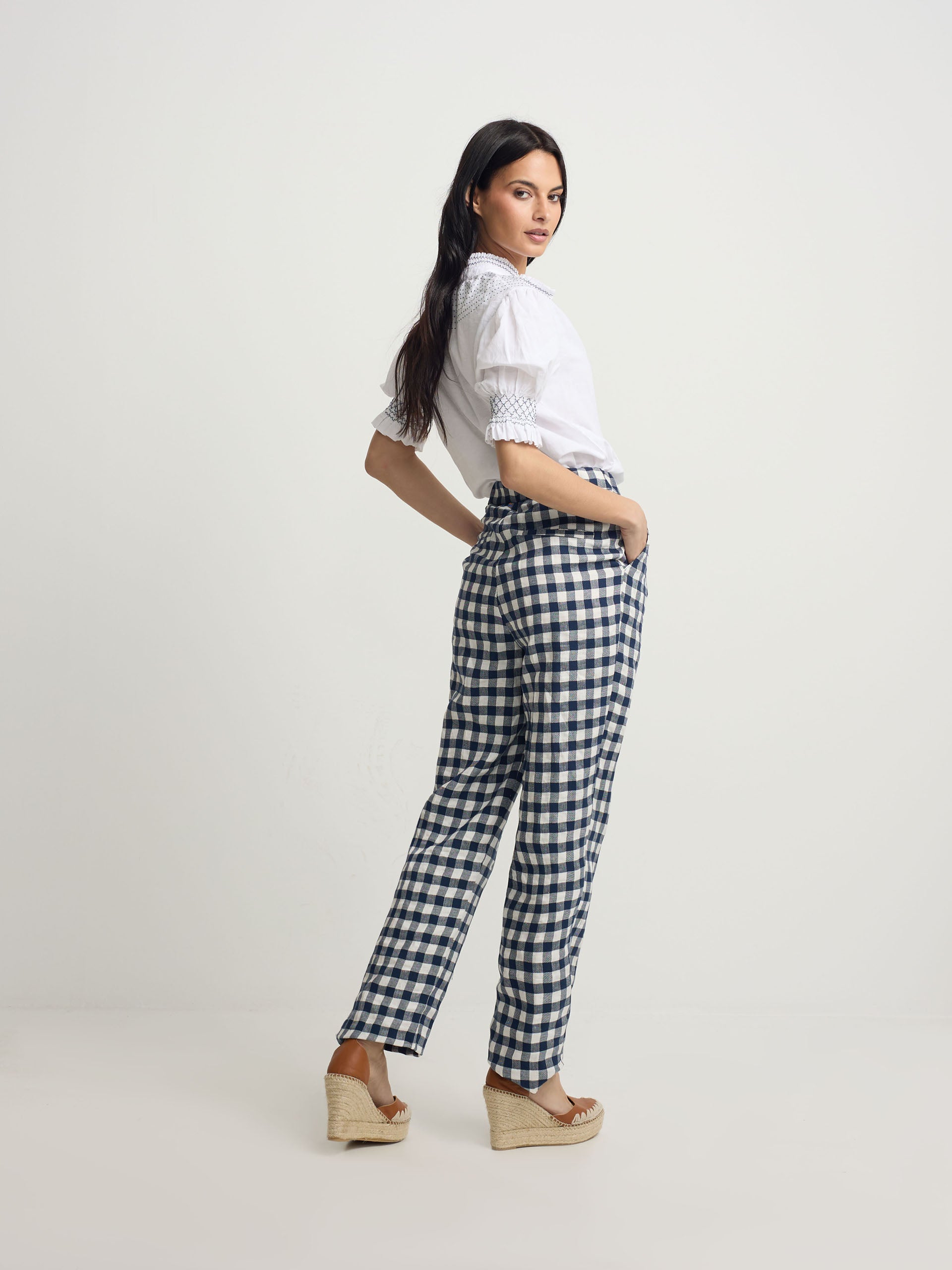 Navy vichy belt loop trousers