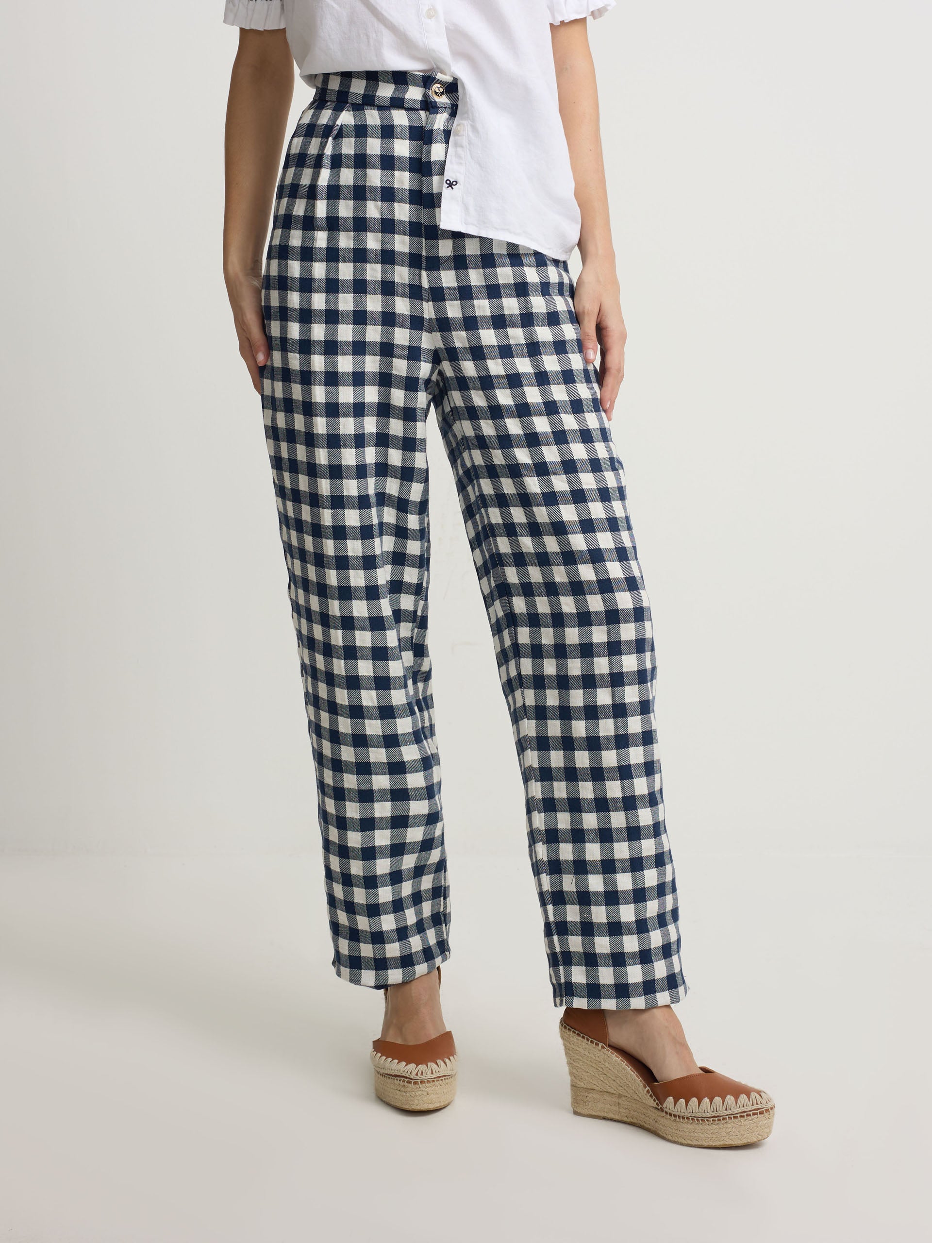 Navy vichy belt loop trousers