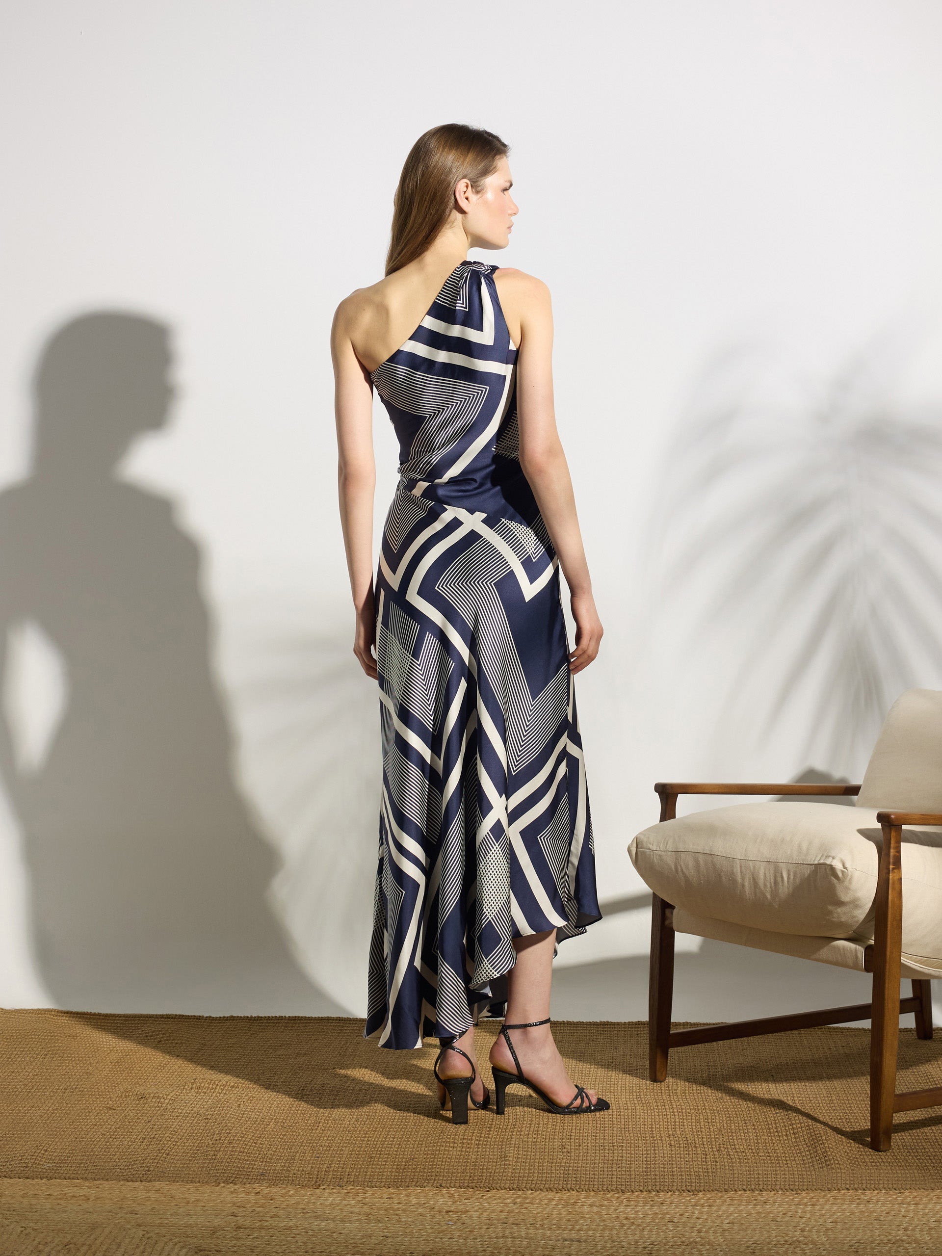 Unique asymmetric blue printed midi dress