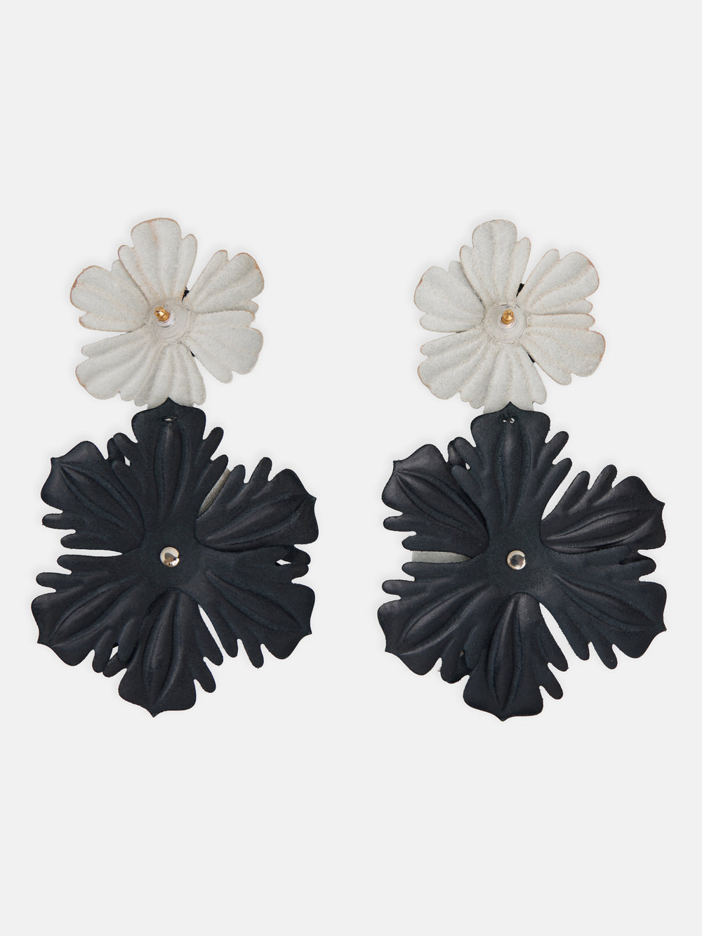 Boucle d’oreille longue soirée fleur en cuir bicolore