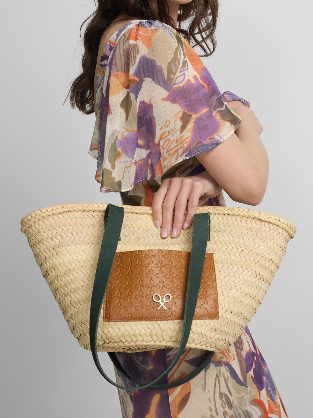 Panier avec poche en cuir orange et vert