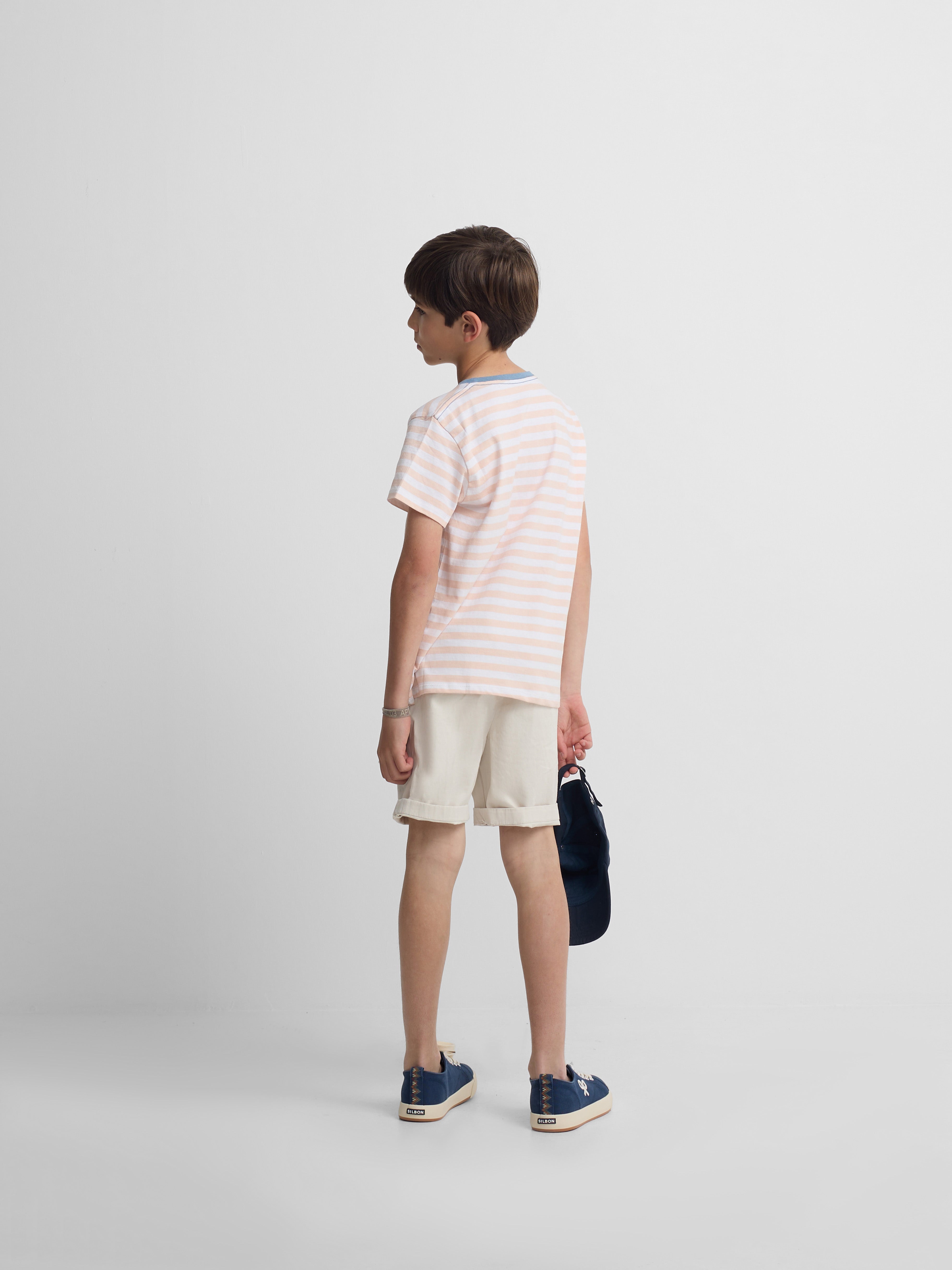 Kids' T-shirt with fine coral stripe trim