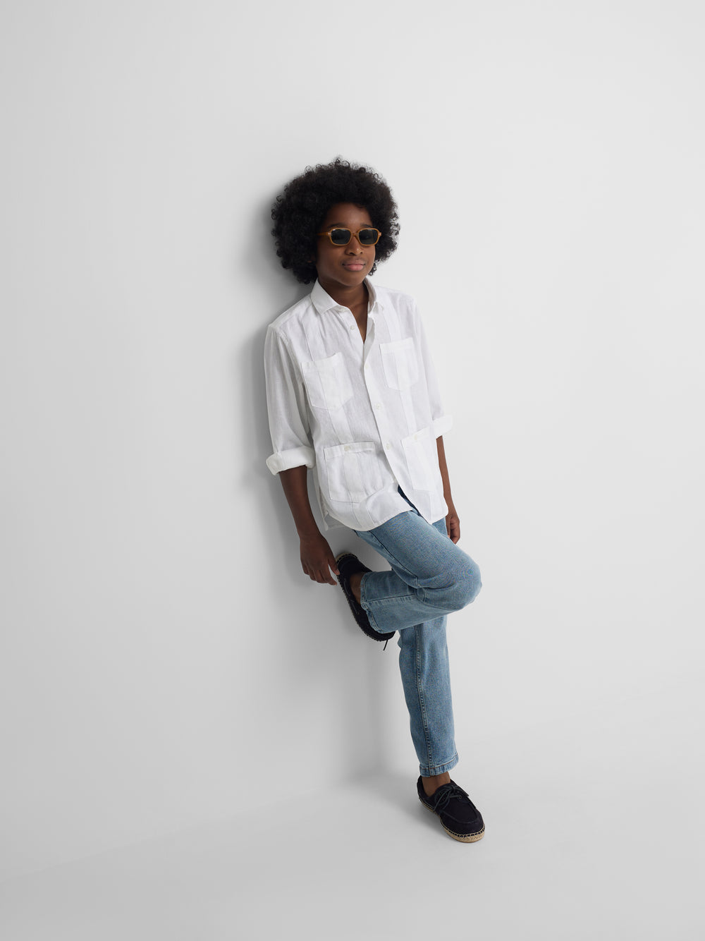 White linen sport guayabera for kids