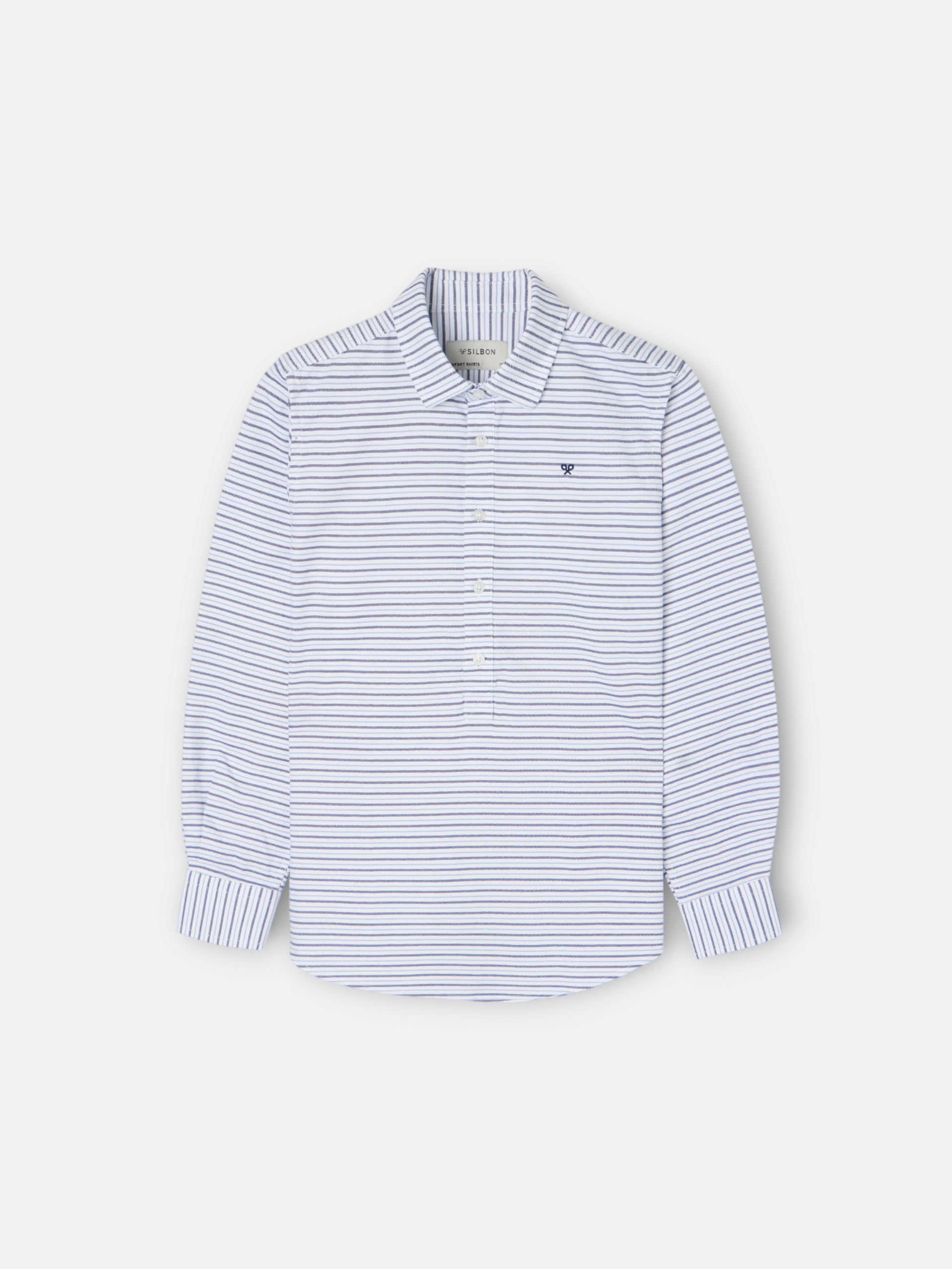 Kids' sport polo shirt, oxford cream and navy blue stripe