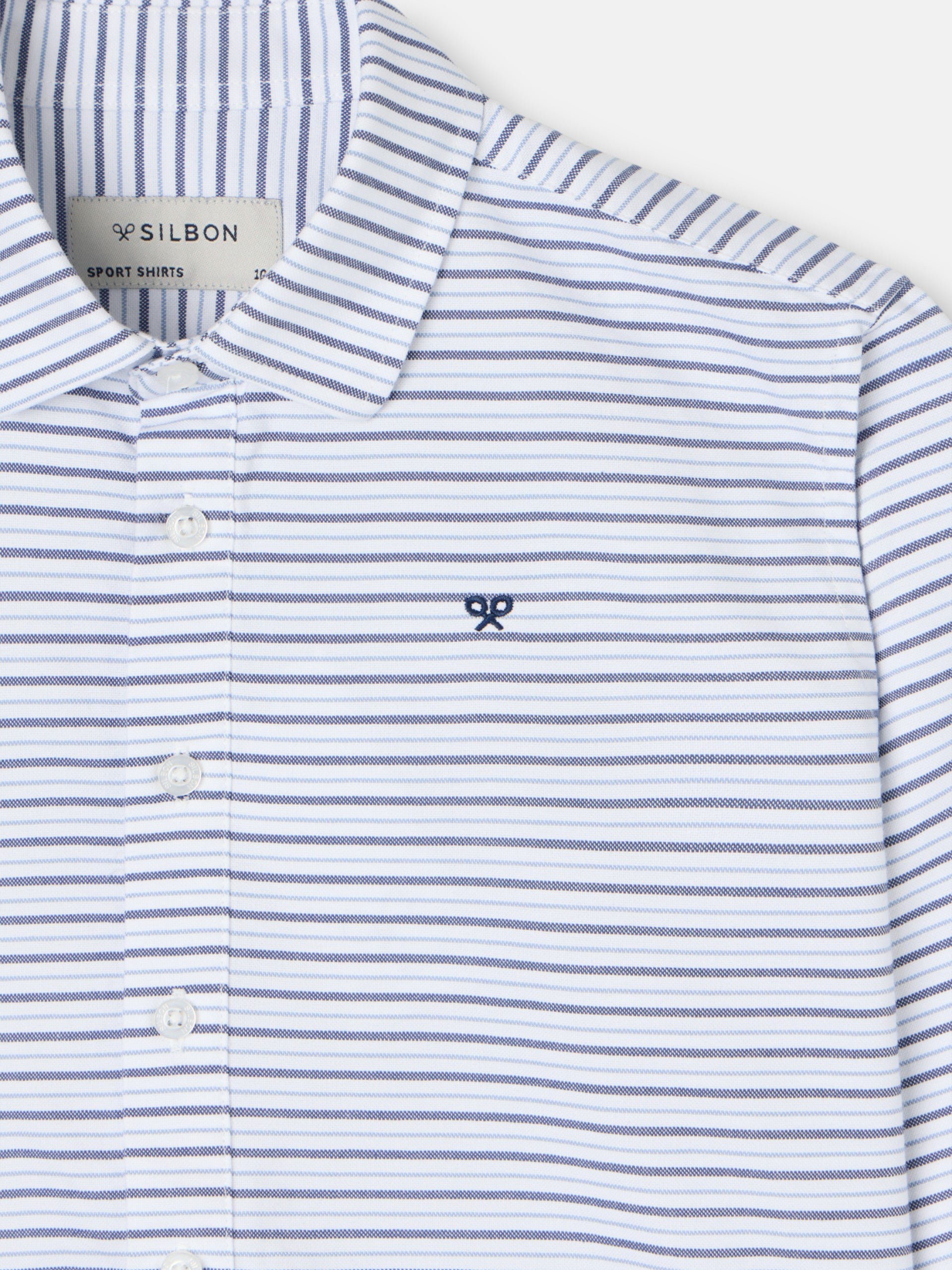 Kids' sport polo shirt, oxford cream and navy blue stripe