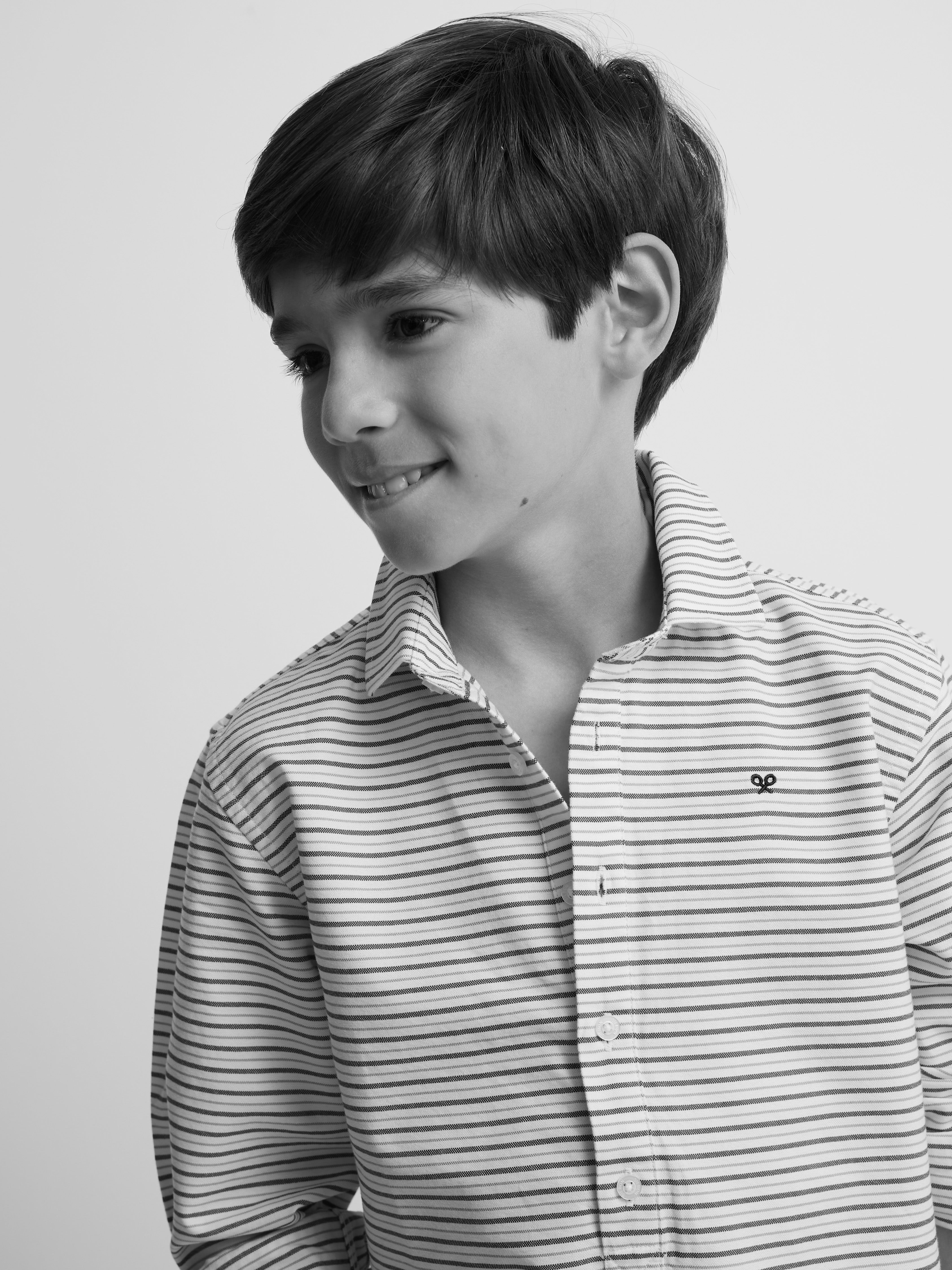 Kids' sport polo shirt, oxford cream and navy blue stripe