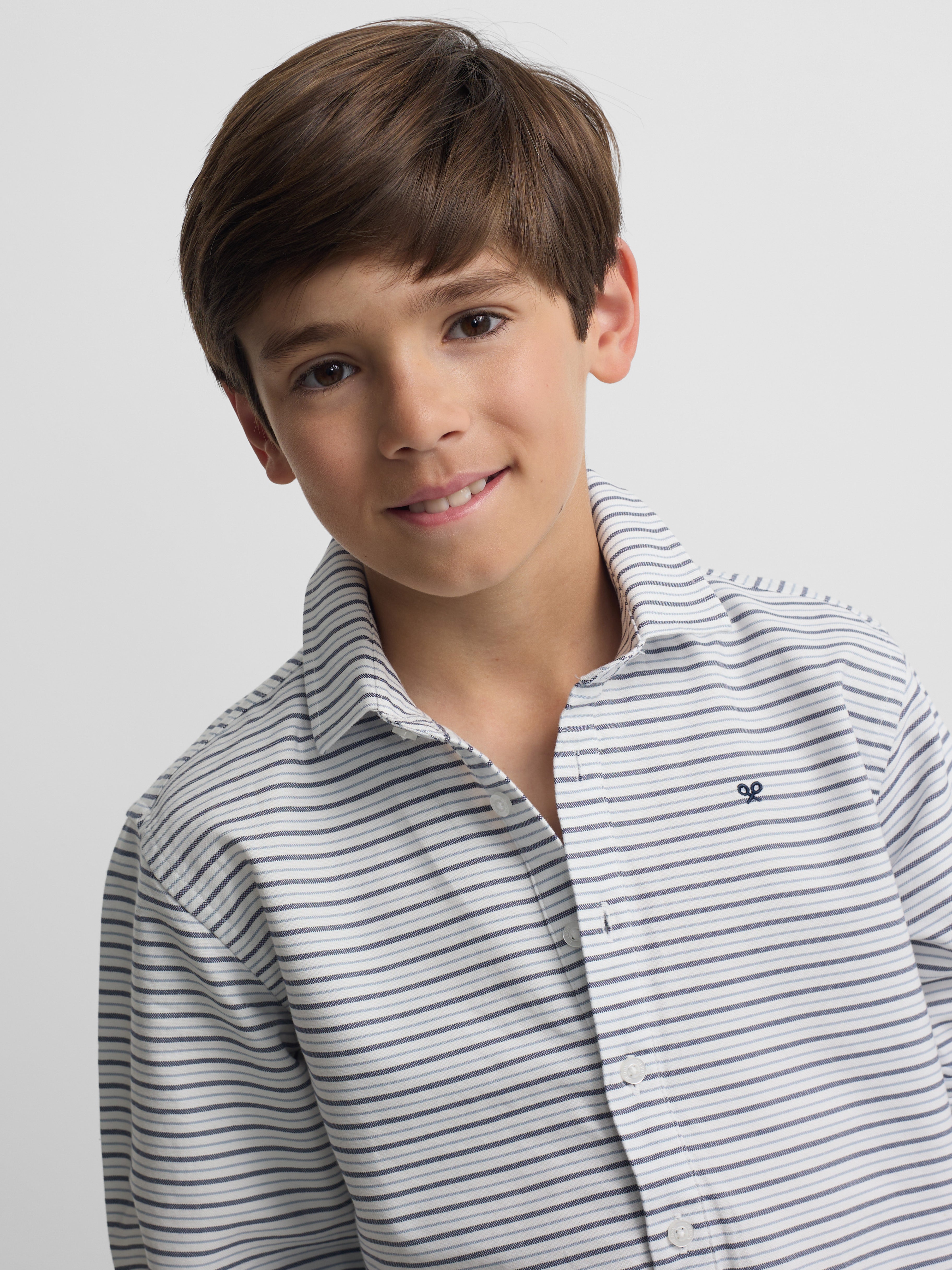 Kids' sport polo shirt, oxford cream and navy blue stripe