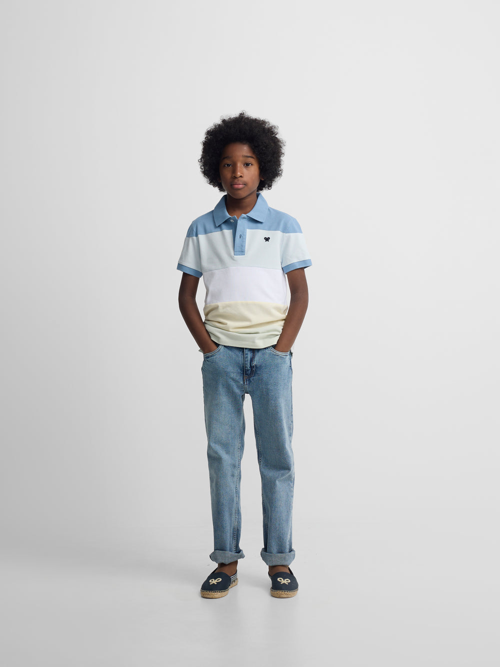 Kids' wide stripe multicolor blue polo