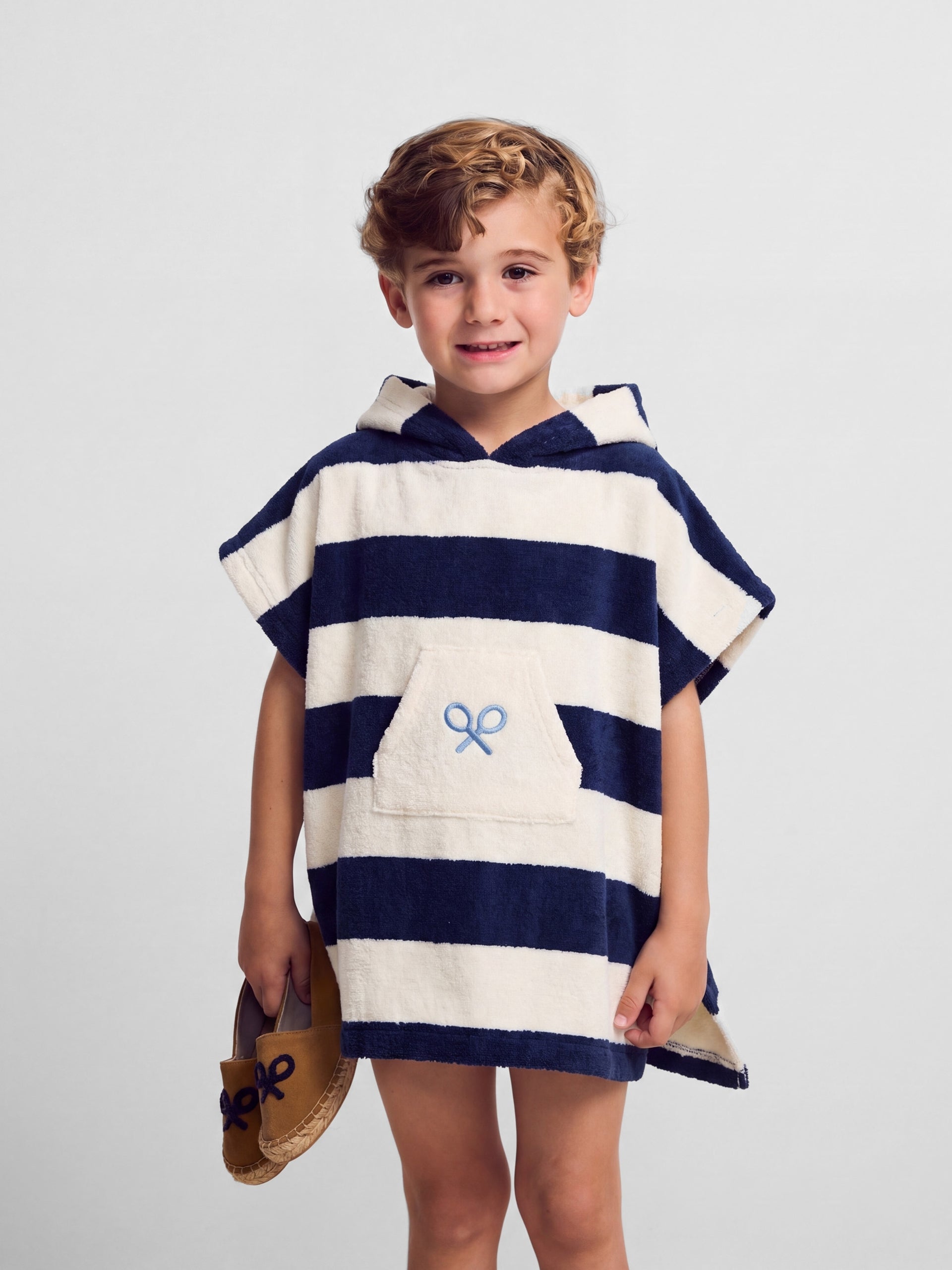 Poncho toalha infantil riscas horizontais azul-marinho