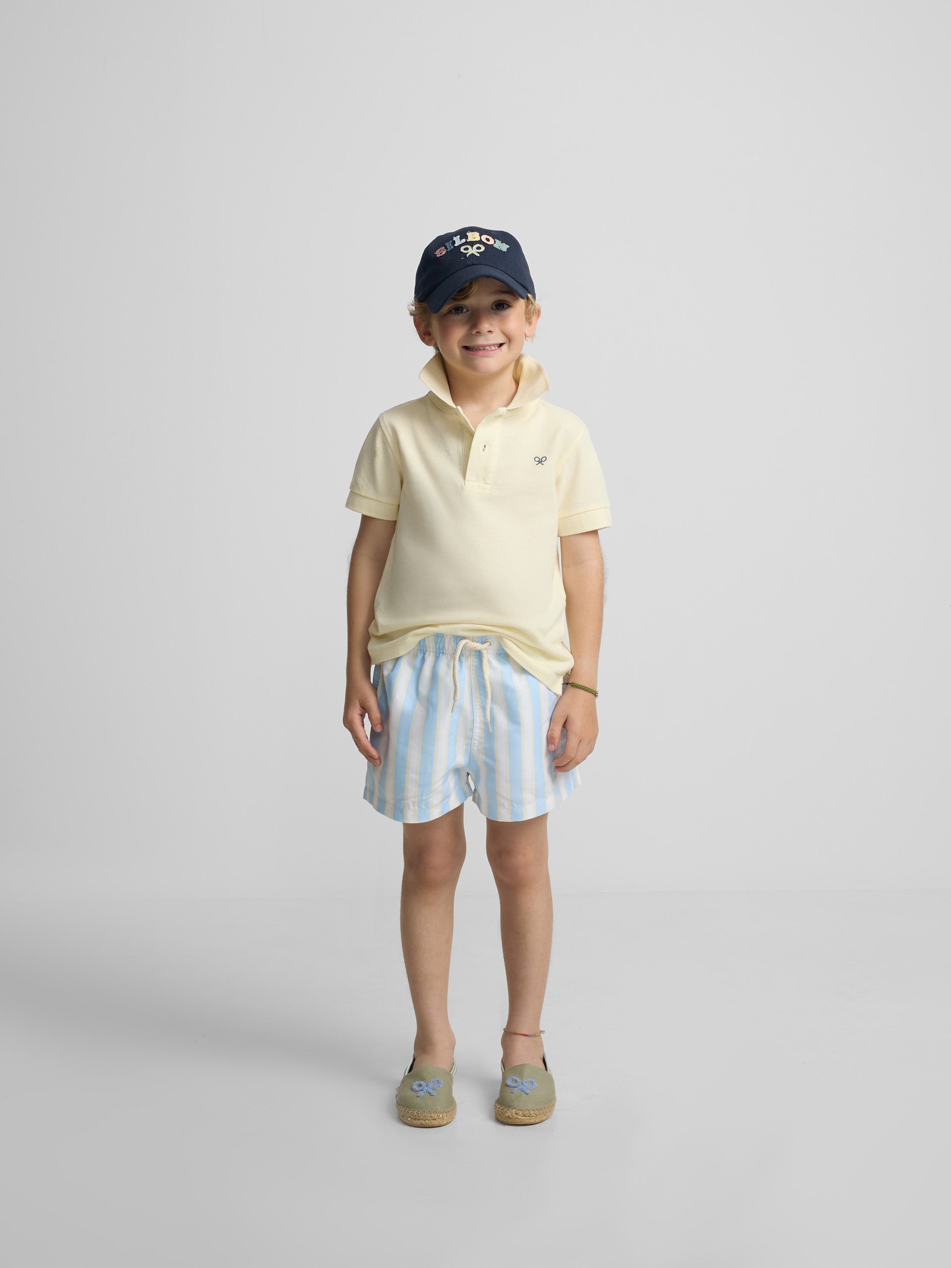 Maillot de bain enfant à larges rayures jaune et bleu