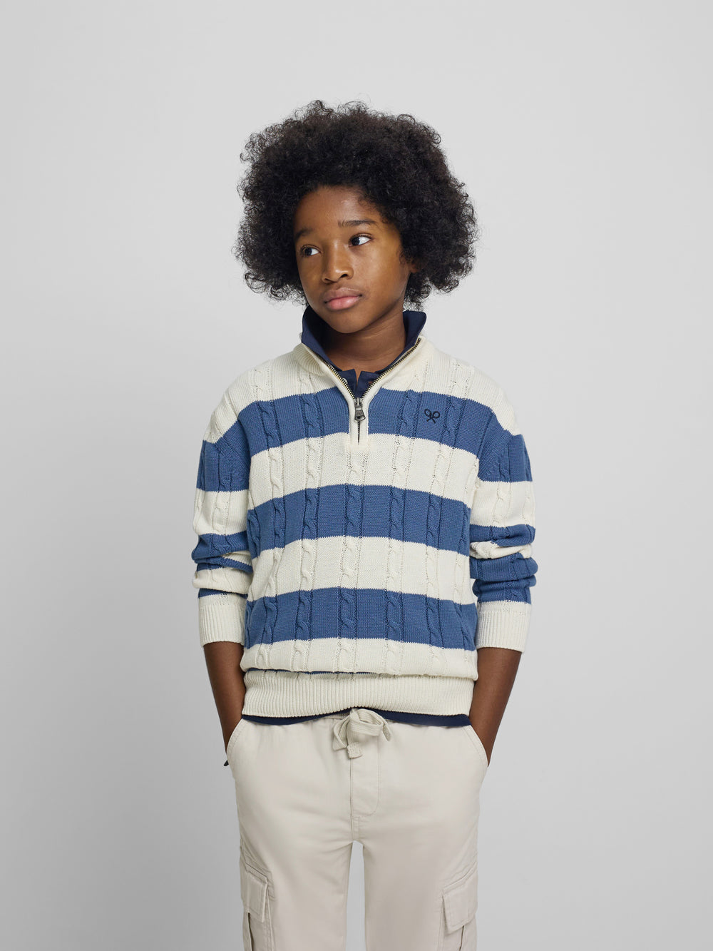 Kids sweater with half zipper blue stripe