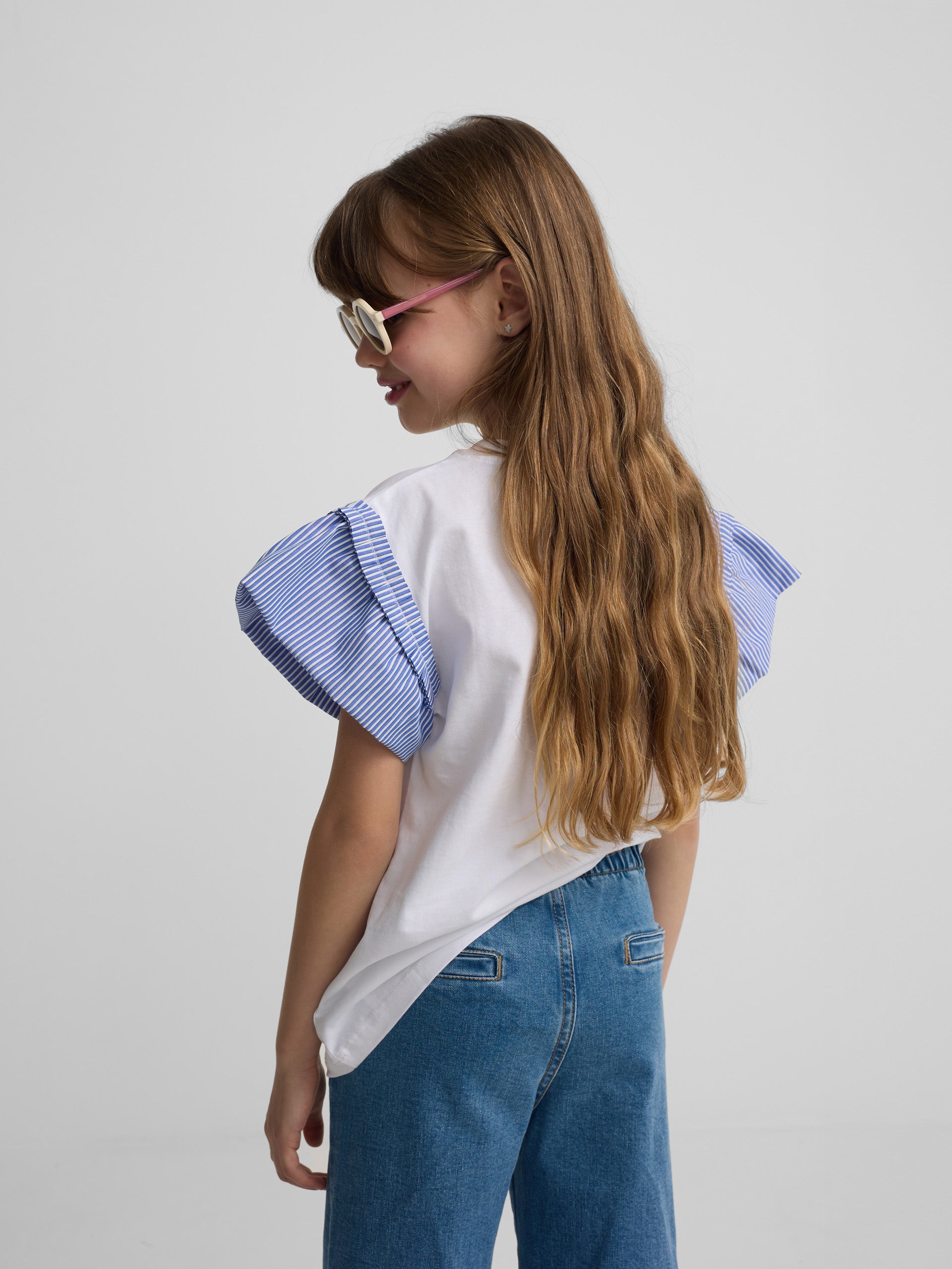 Camisola menina folhos popelina riscas branca