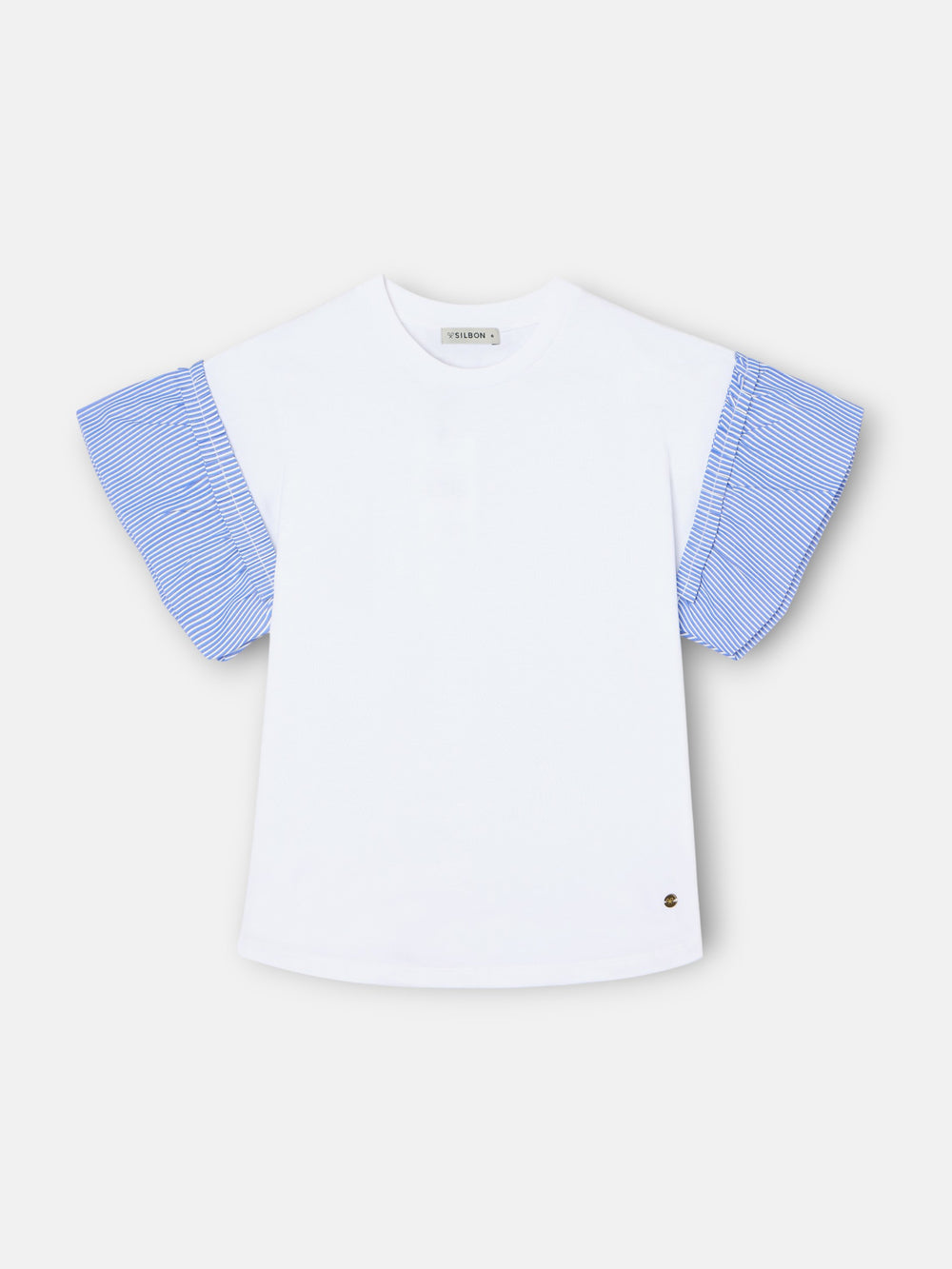 Camiseta girl volantes popelin rayas blanca