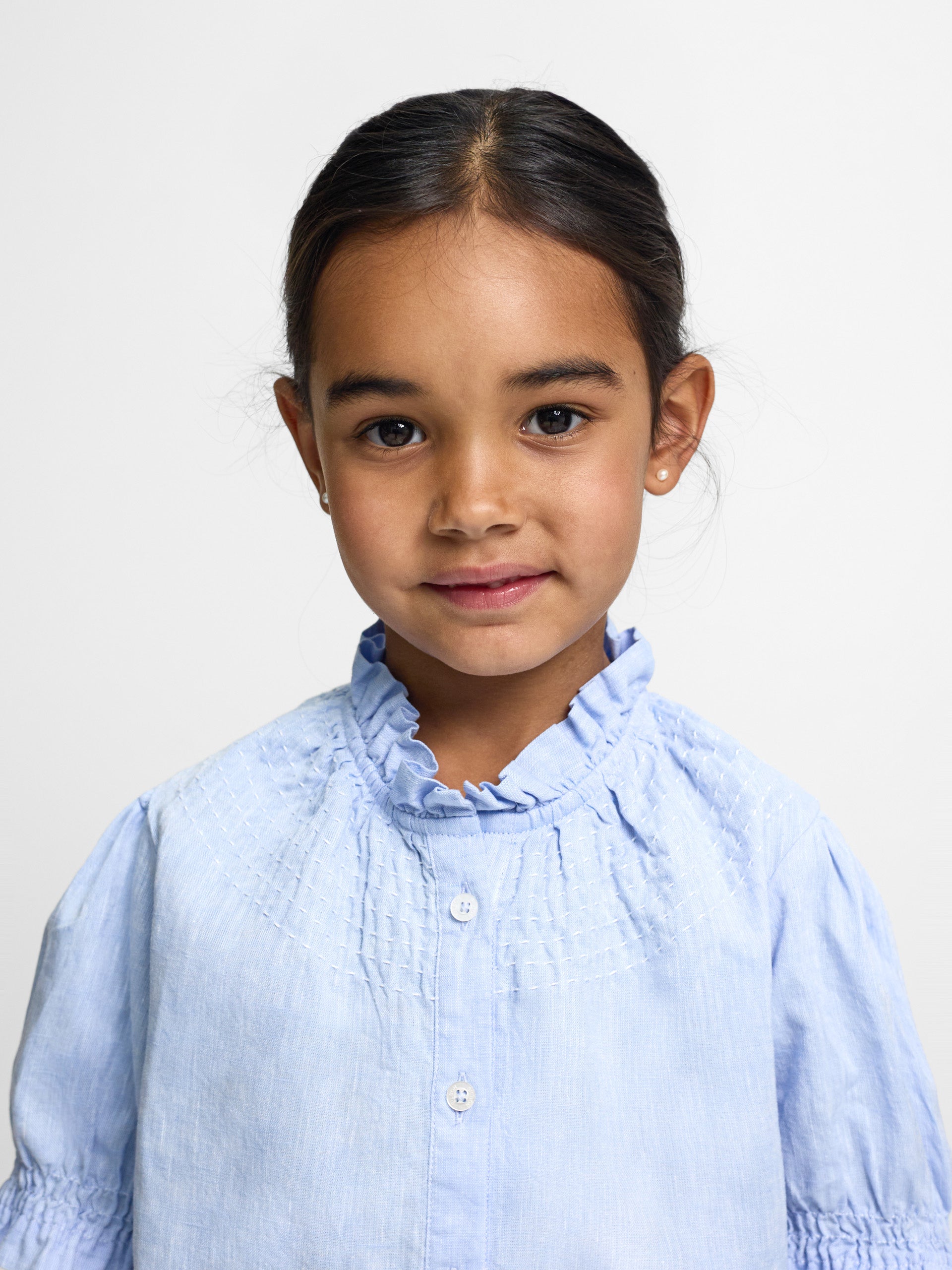 Camisa girl fruncidos lino celeste