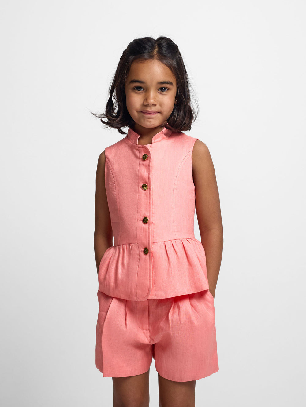 Top girl linen buttons coral