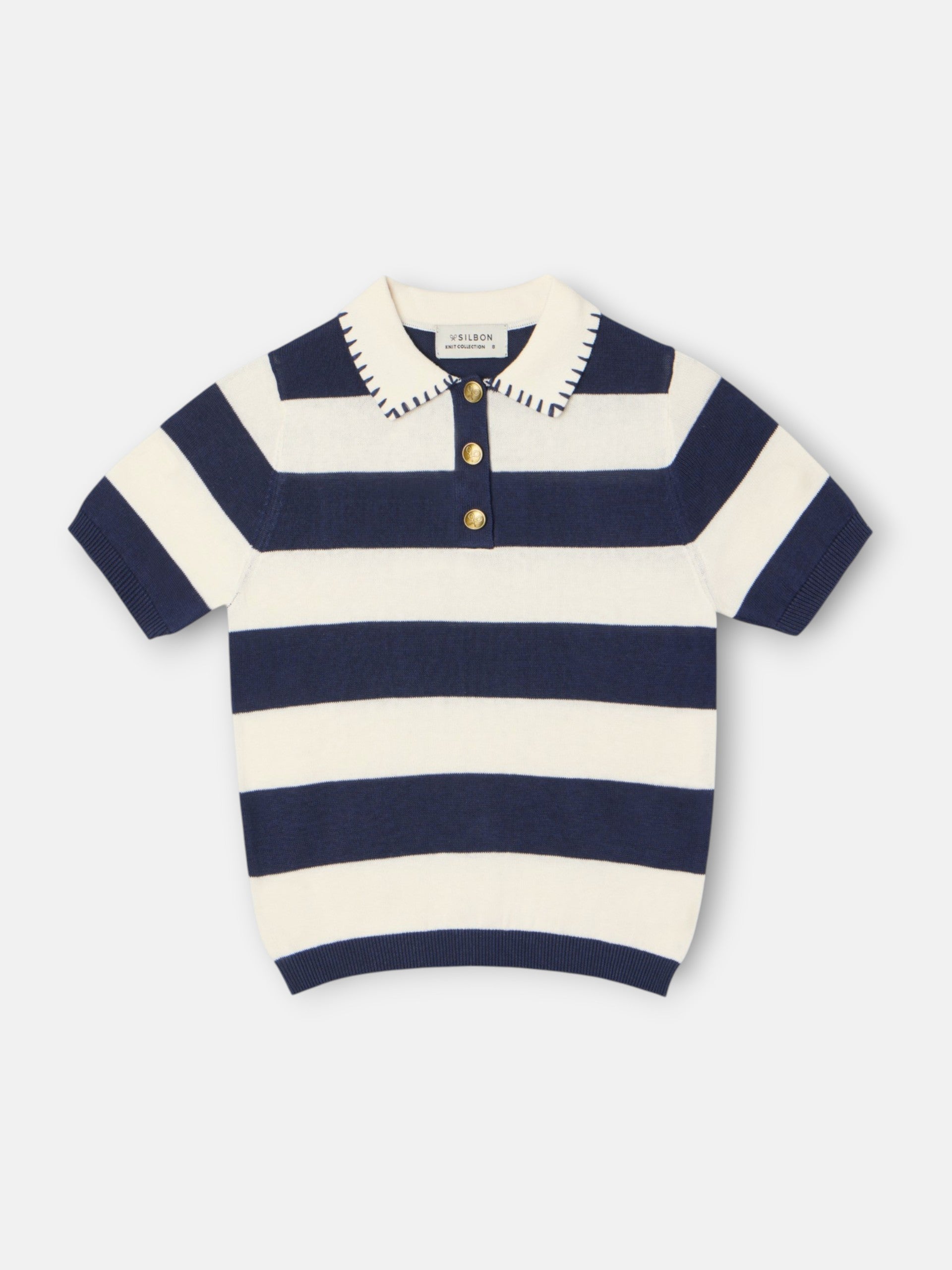 Polo de menina em malha de manga curta azul e branco