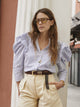 Blue and white striped puff sleeve shirt