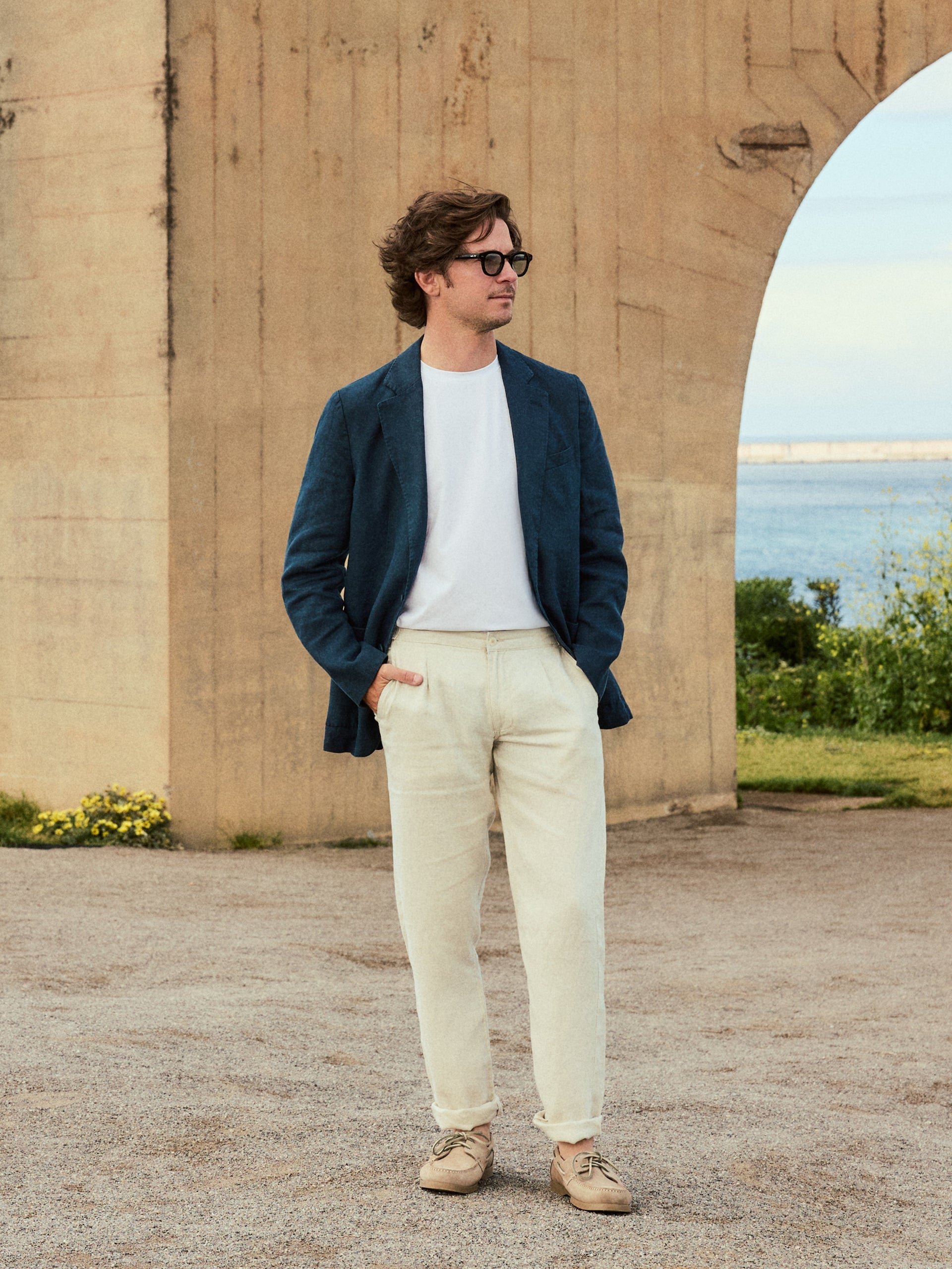Pantalon de sport à pinces en lin beige