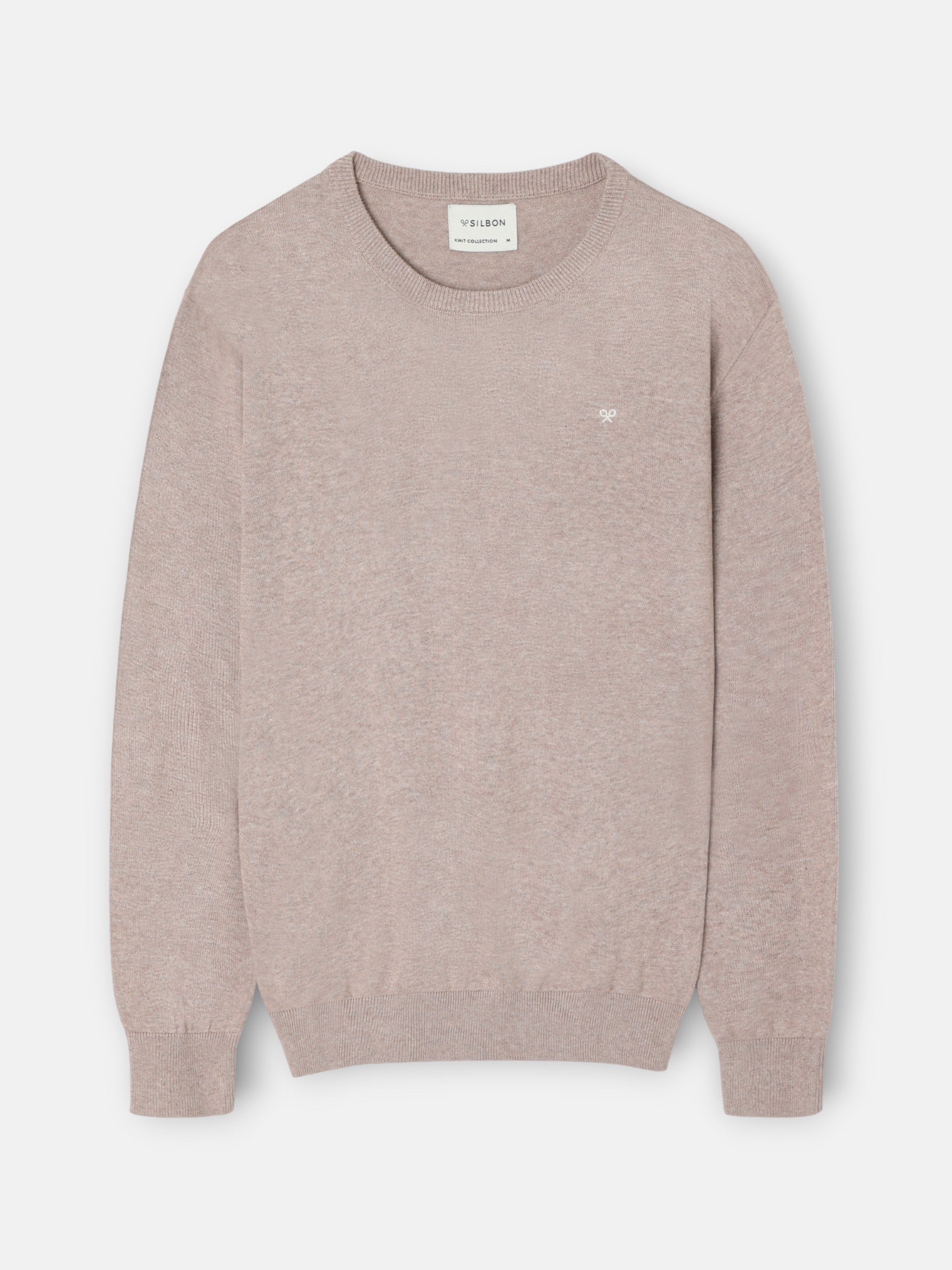 Plain sweater with crew neck in medium beige