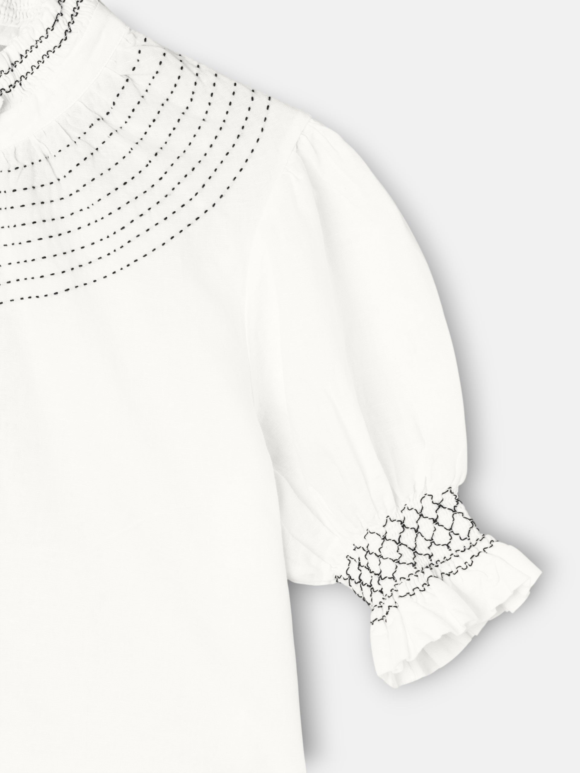 Camisa fruncida manga corta lino blanca