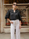 Pantalon bordados flores crudo