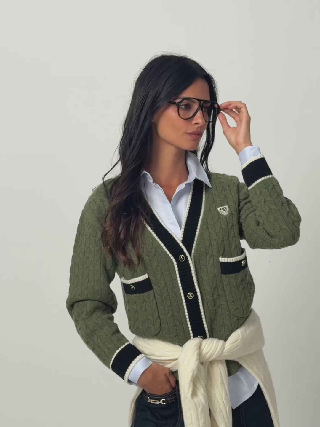 Green college crest cardigan